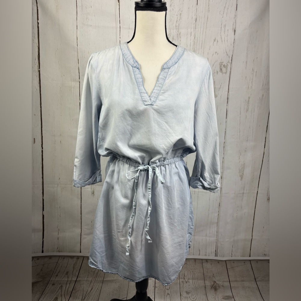 As U Wish Tiered Light Blue Chambray Dress Tunic  V Neck Cotton Tencel